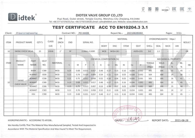Kiểm tra chứng chỉ kiểm tra van ACC đến EN10204.3 3